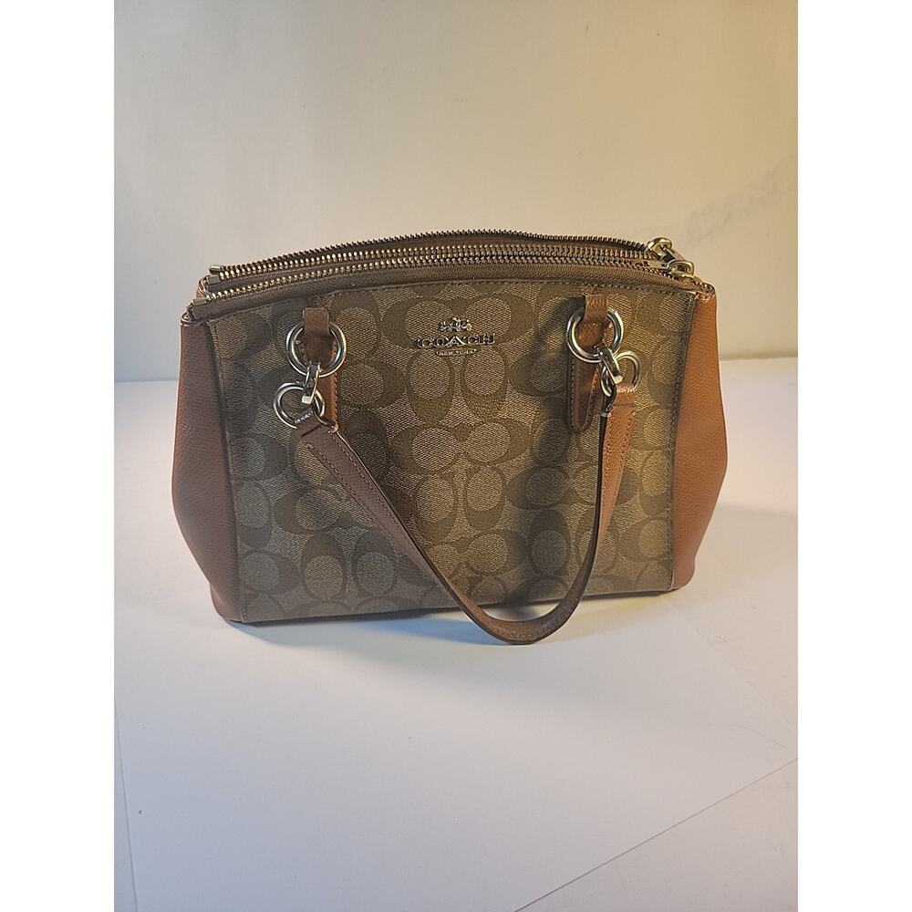 COACH Mini Christie Carryall Purse / Bag In Signature Khaki/Saddle Leather